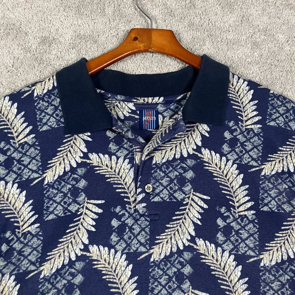 Vintage 90s Jantzen Mens Blue Tropical Pineapple Leaf Print Shirt Oversized Fit